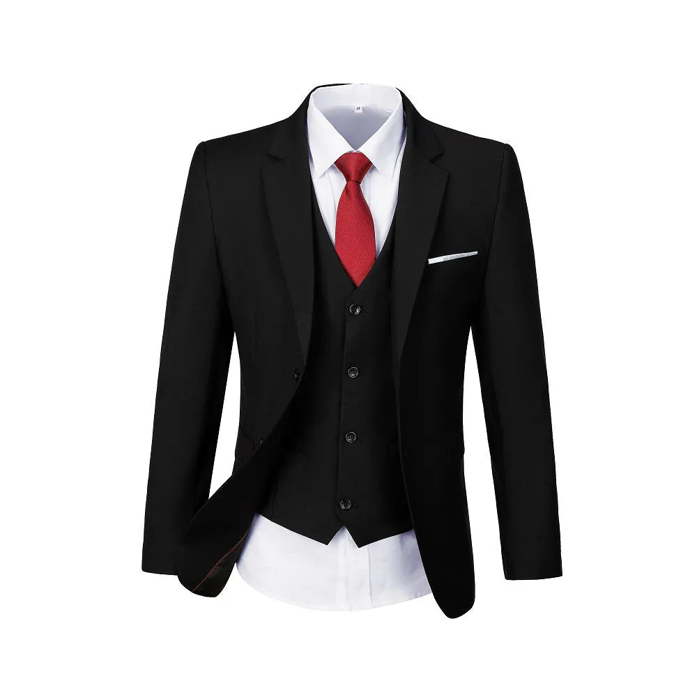 Black men's 3 piece slim fit suit – two button blazer with red tie and vest
