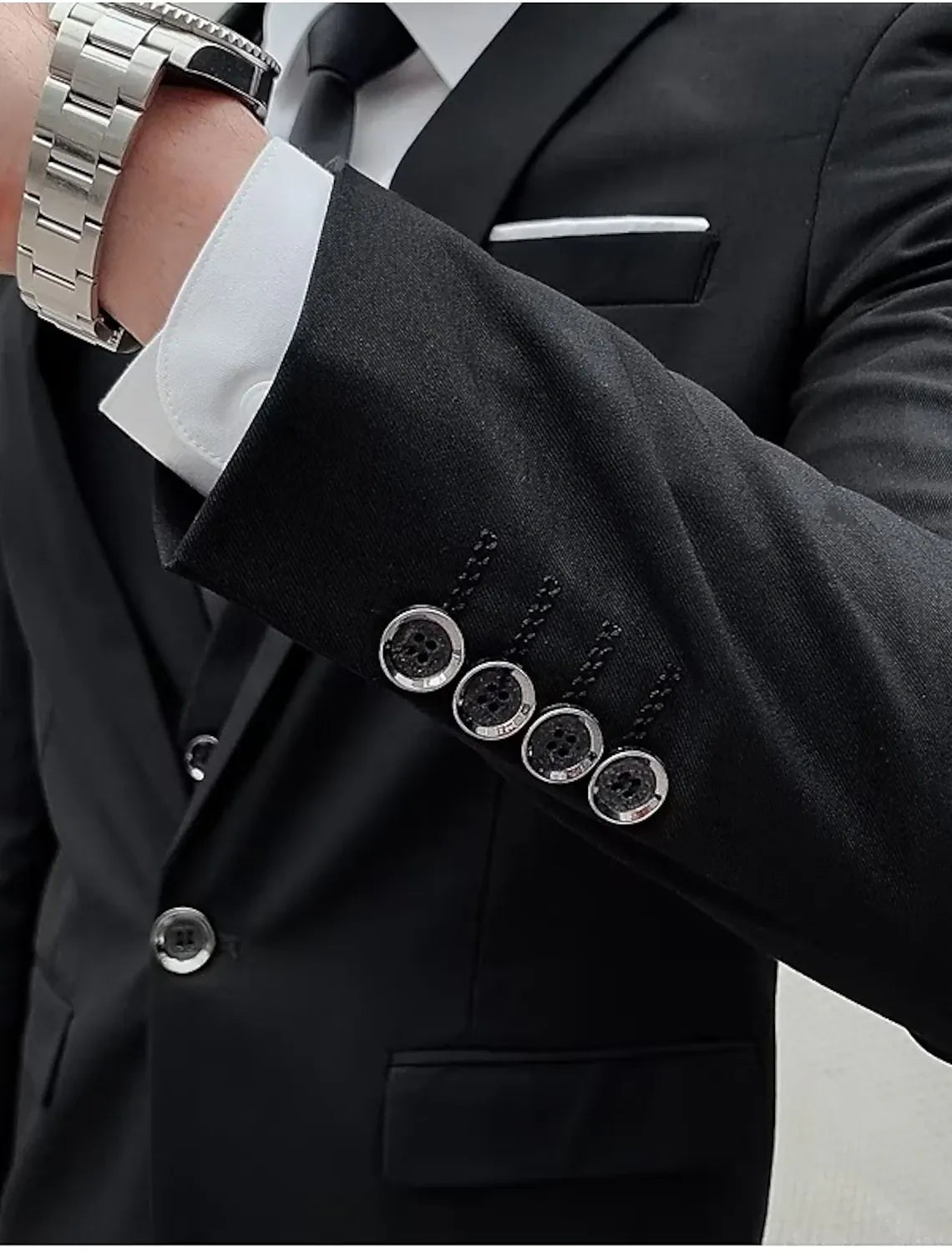 black 3-piece men's suit - tailored formal business attire with 4 silver cuff buttons