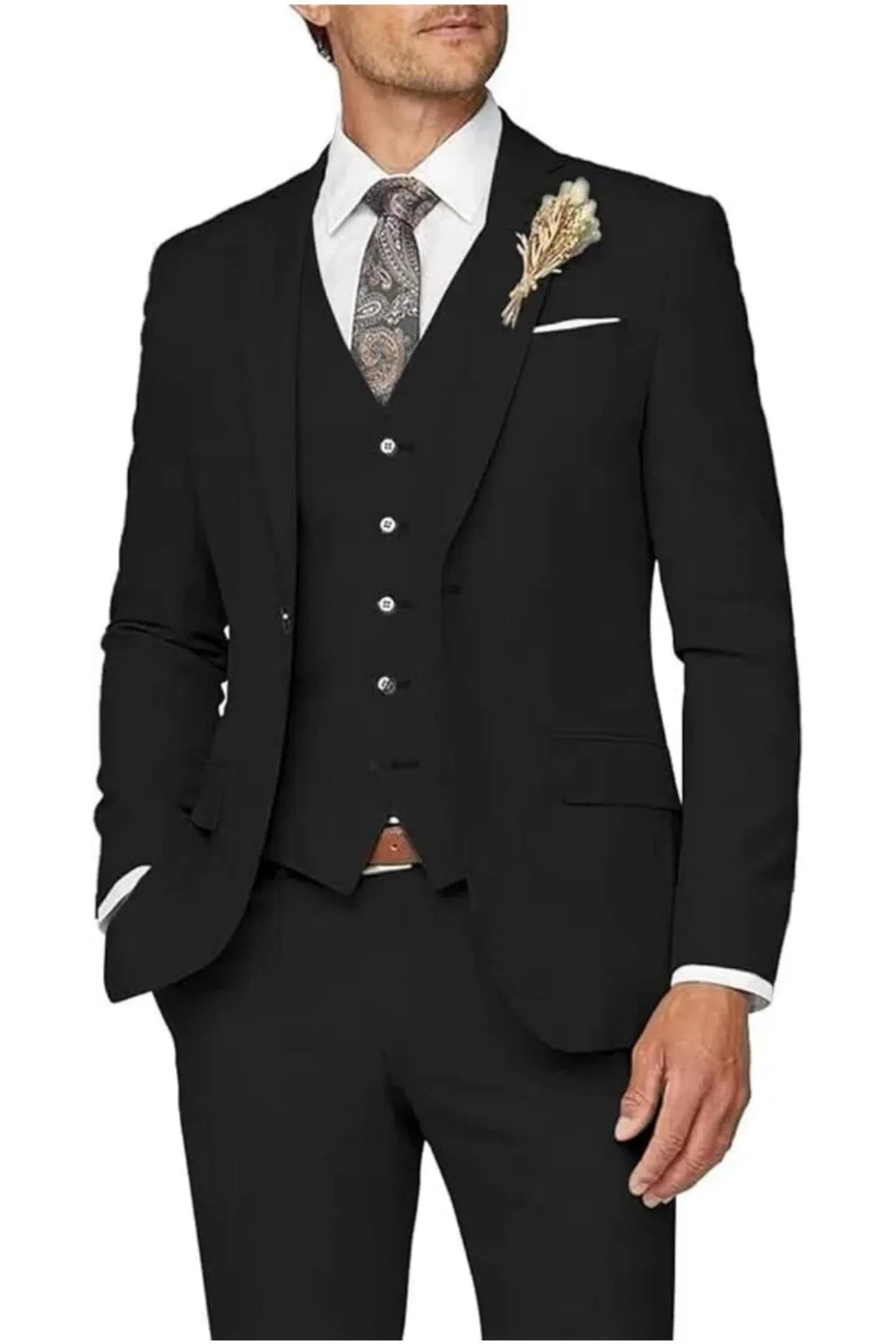 black 3 piece suit for men: formal wedding prom outfit with slim blazer, vest, trousers & lapel flower