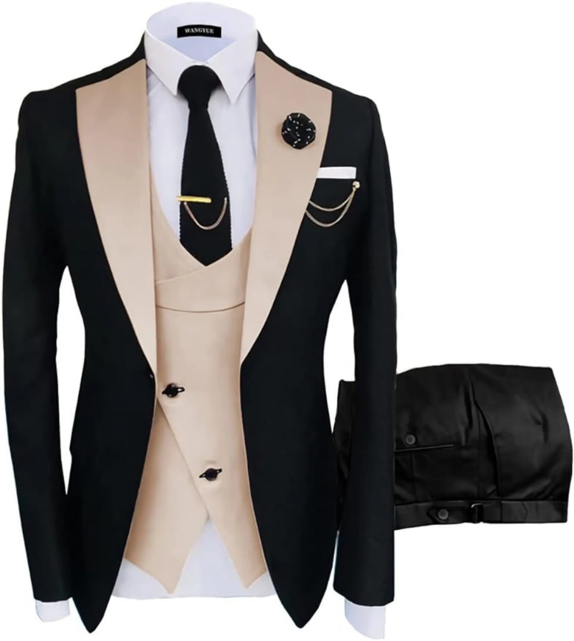 black and beige 3 piece men's suit: black blazer with beige satin lapel, cross beige vest, gold chain, lapel pin and white pocket square