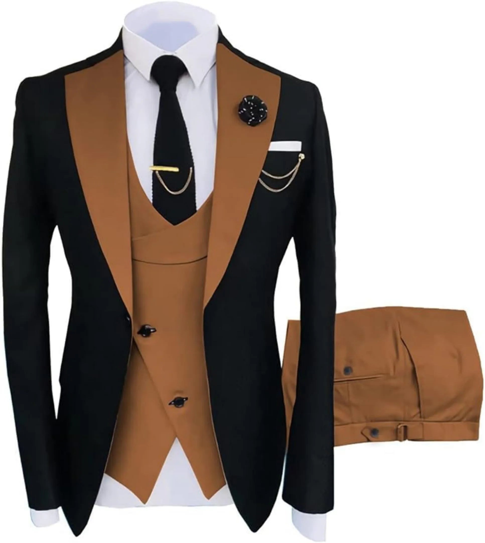 black and brown 3 piece men's suit: black blazer with brown satin lapel, cross brown vest, gold chain, lapel pin and white pocket square