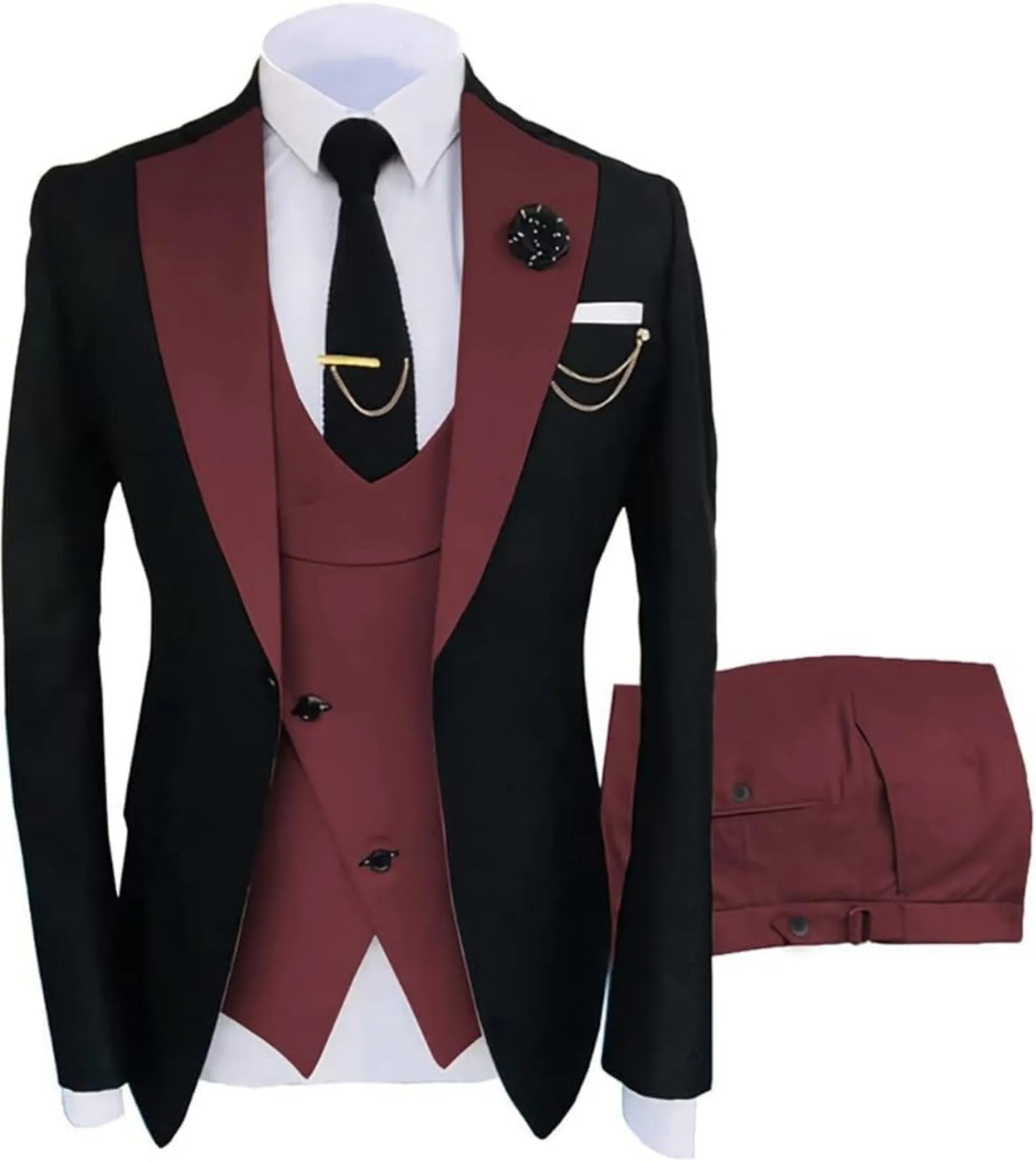 black and burgundy 3 piece men's suit: black blazer with burgundy satin lapel, cross burgundy vest, gold chain, lapel pin and white pocket square