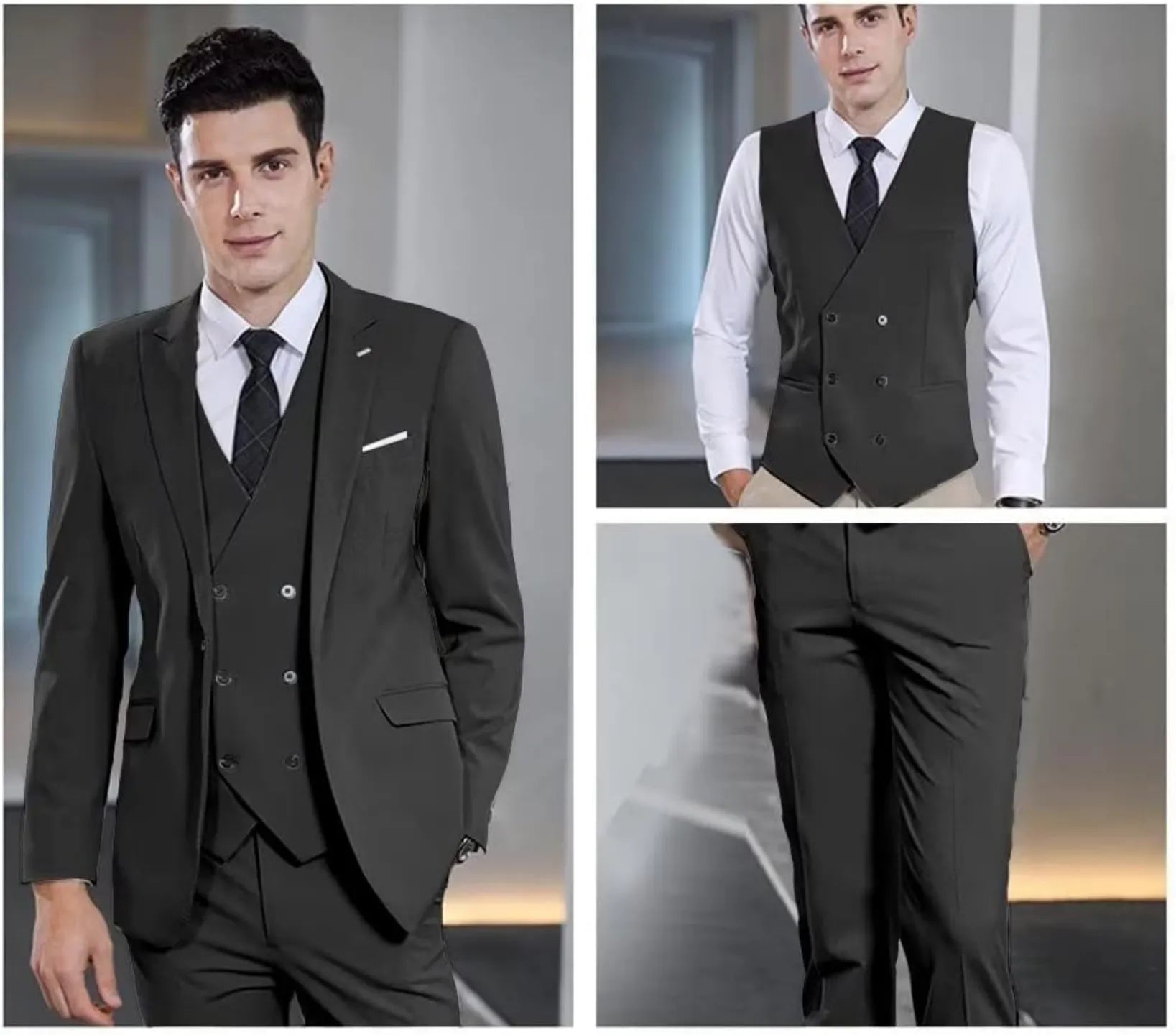 black double-breasted men's 3 piece suit – includes slim fit blazer, vest, and tailored trousers shown on model