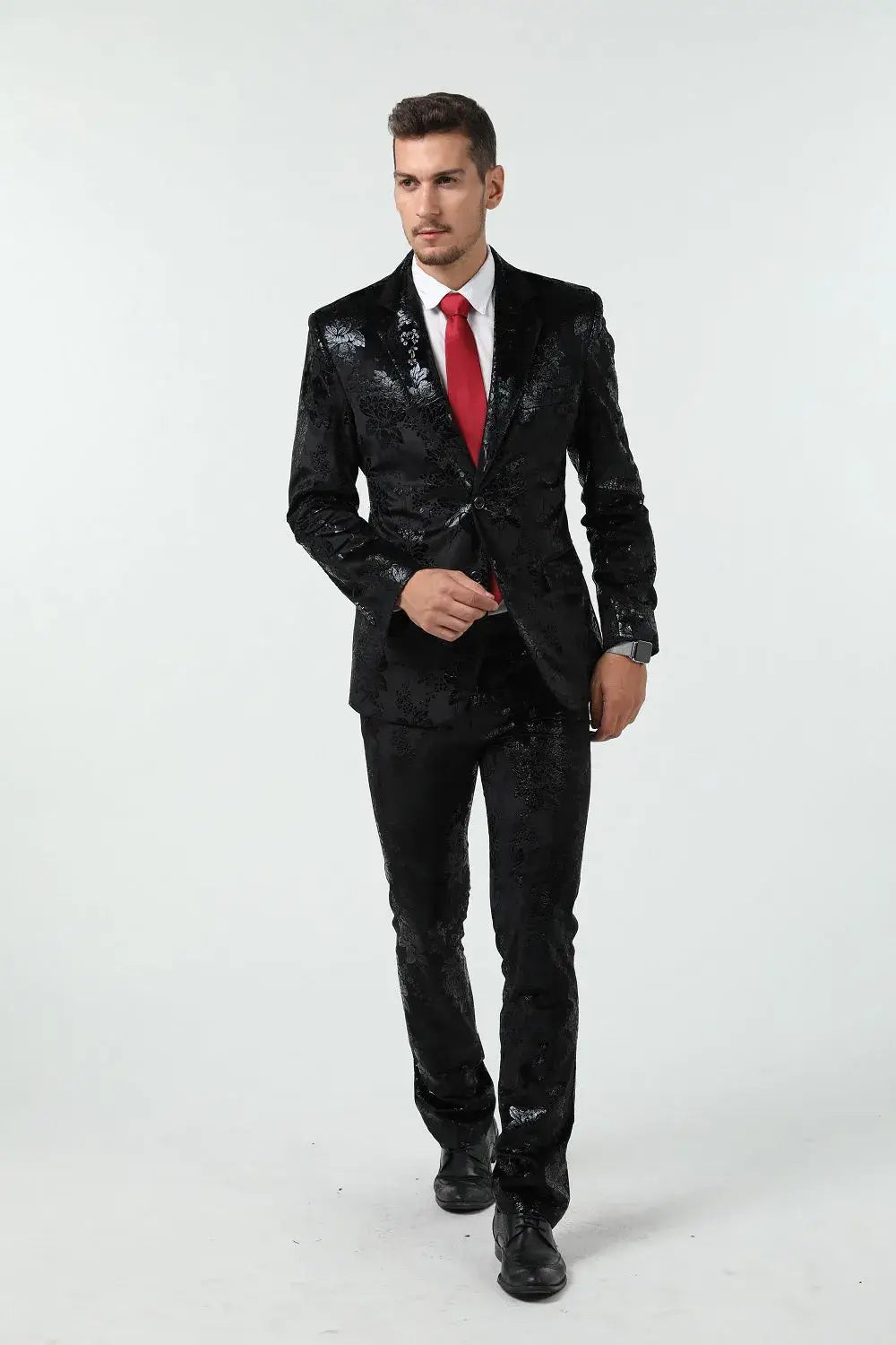 Men's black floral velvet 3 piece suit – jacquard slim fit prom tuxedo with red tie, walking front pose