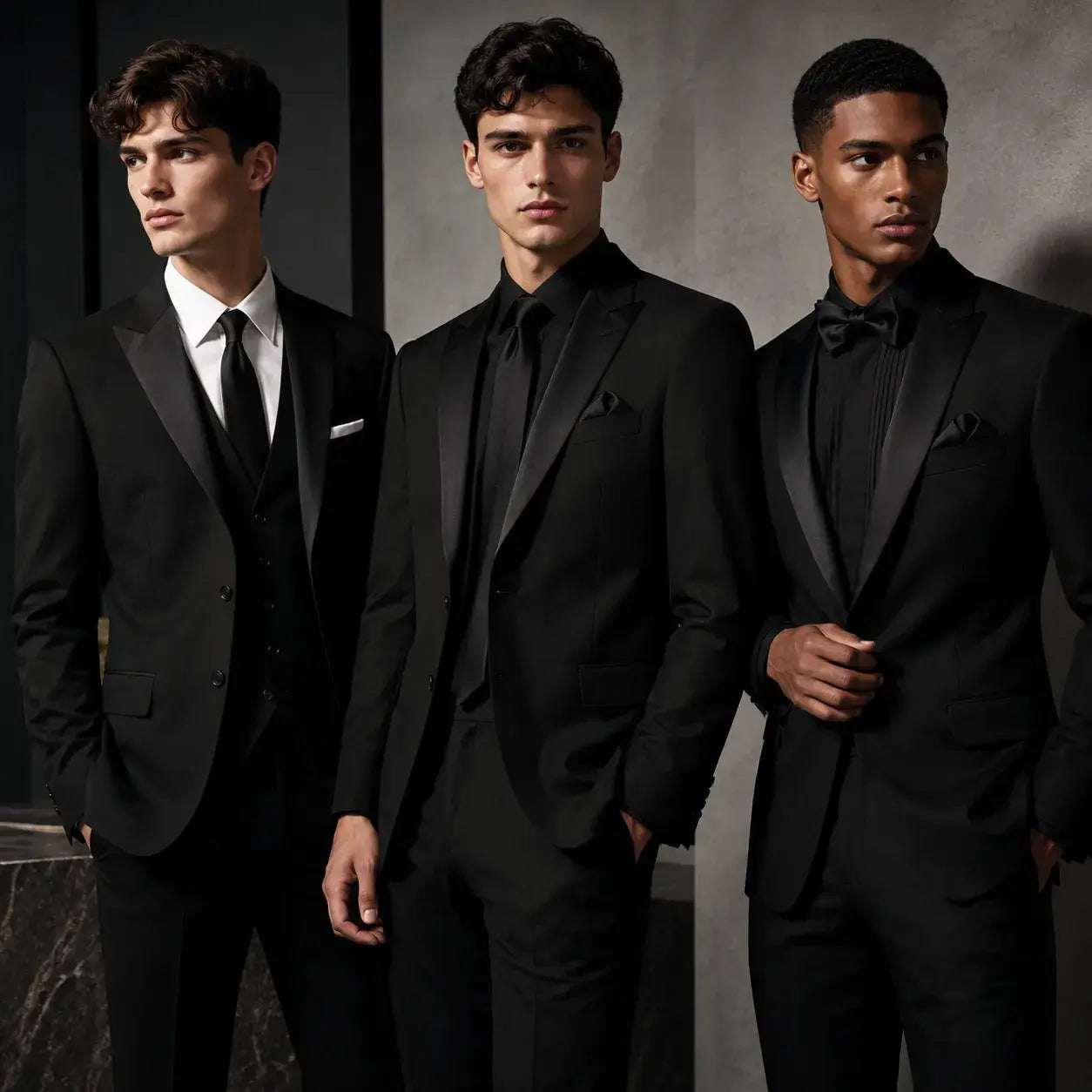 Men wearing black prom suits in classic, all-black, and modern formal styles for prom night.