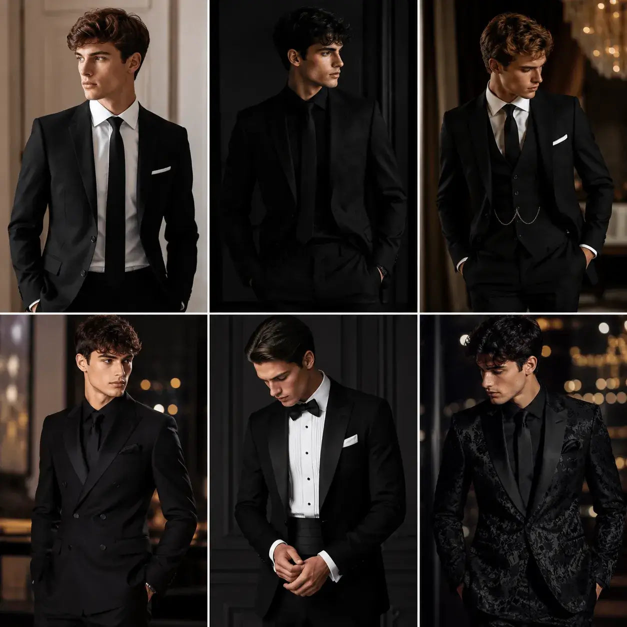 Sleek and stylish black prom suits for men, including classic, 3-piece, double-breasted, tuxedo, and jacquard designs, perfect for prom nights.