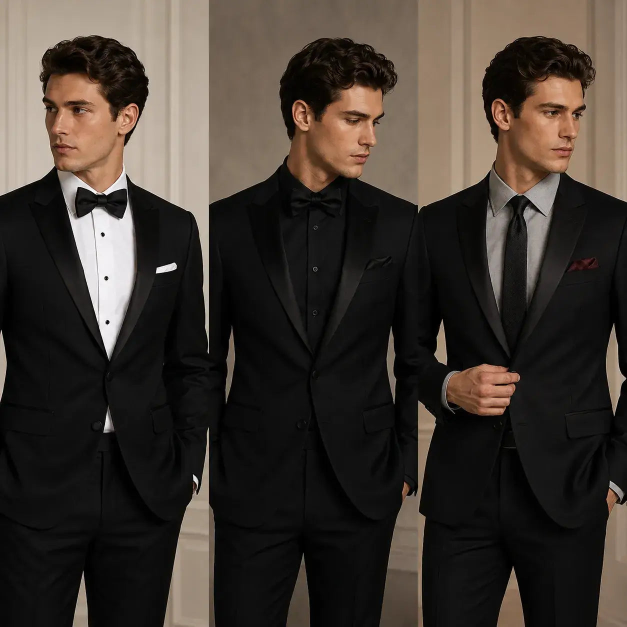 Men wearing black prom suits with white, black, and light gray shirt options for formal prom styling.