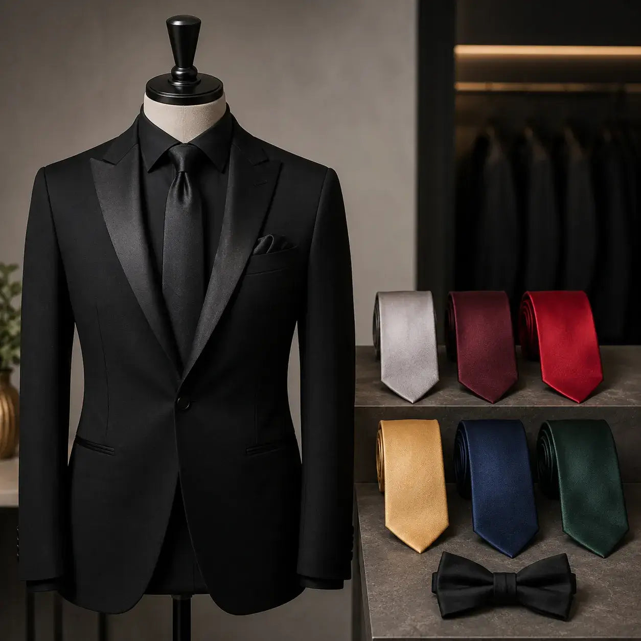 Black prom suit for men styled with different tie colors including black, silver, burgundy, red, gold, navy, and dark green.