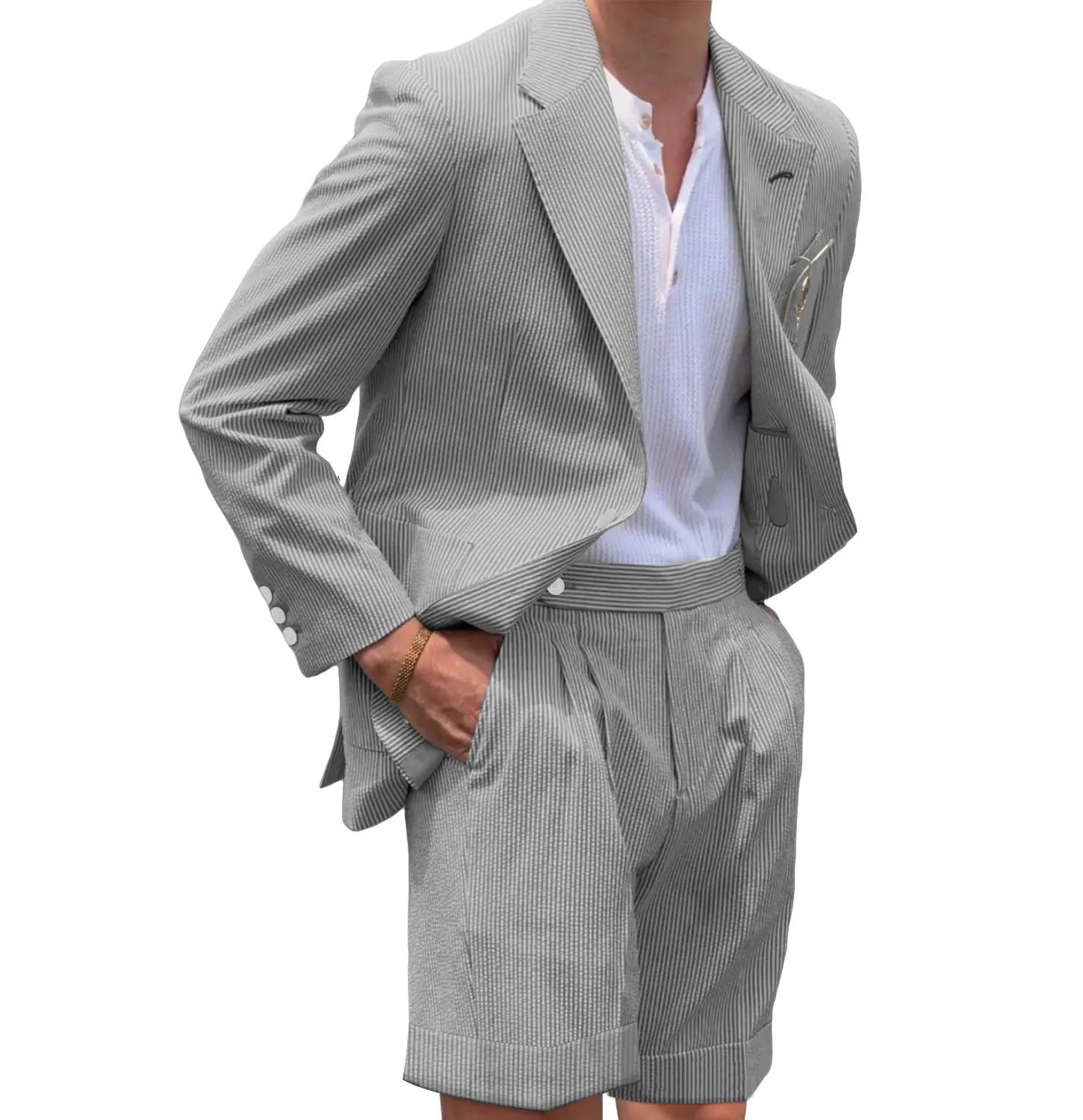 Men's black seersucker blazer and shorts set – lightweight striped summer 2 piece suit