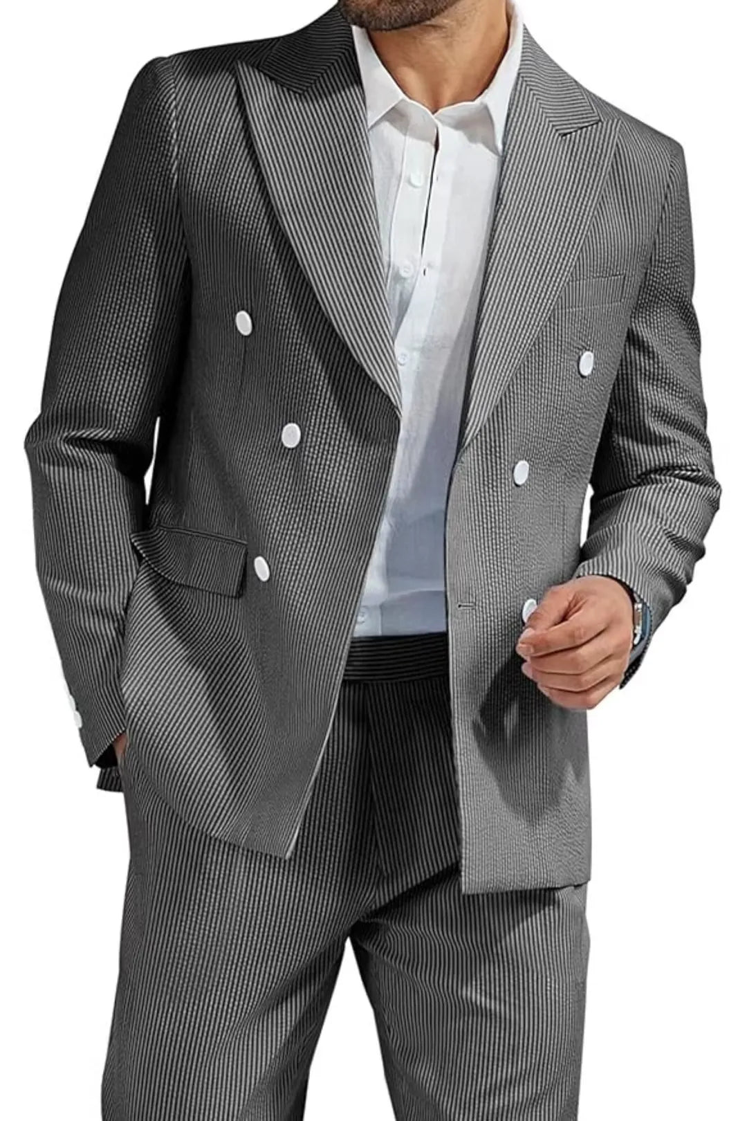 detailed texture of black and white striped men's seersucker suit, featuring fine fabric stripes and double-breasted design.