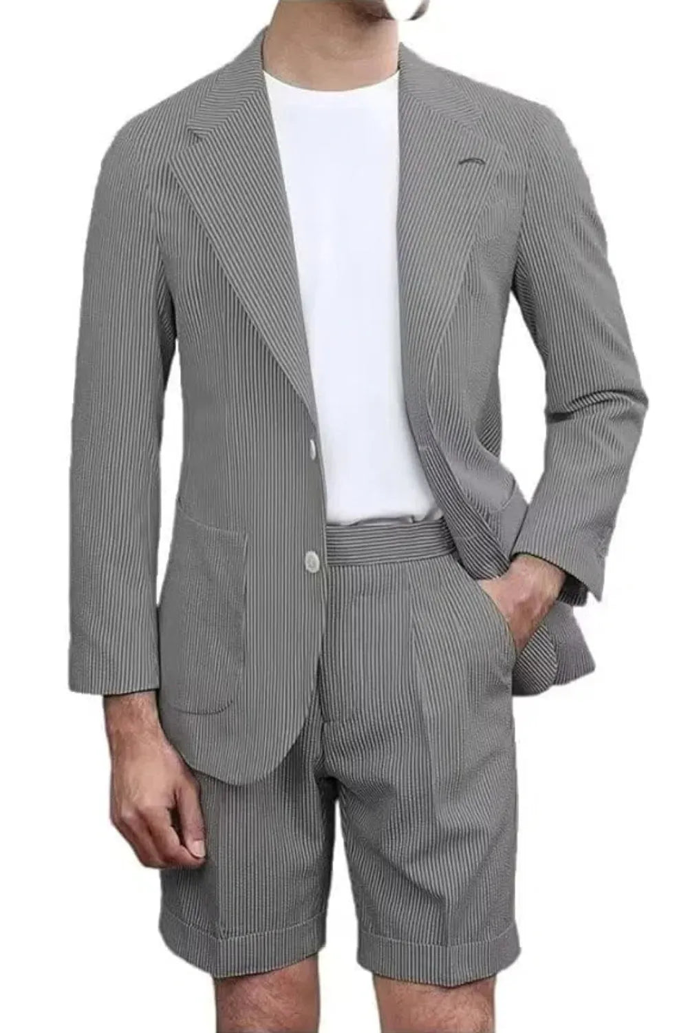 black men's 2 piece seersucker suit set – breathable summer outfit with striped fabric