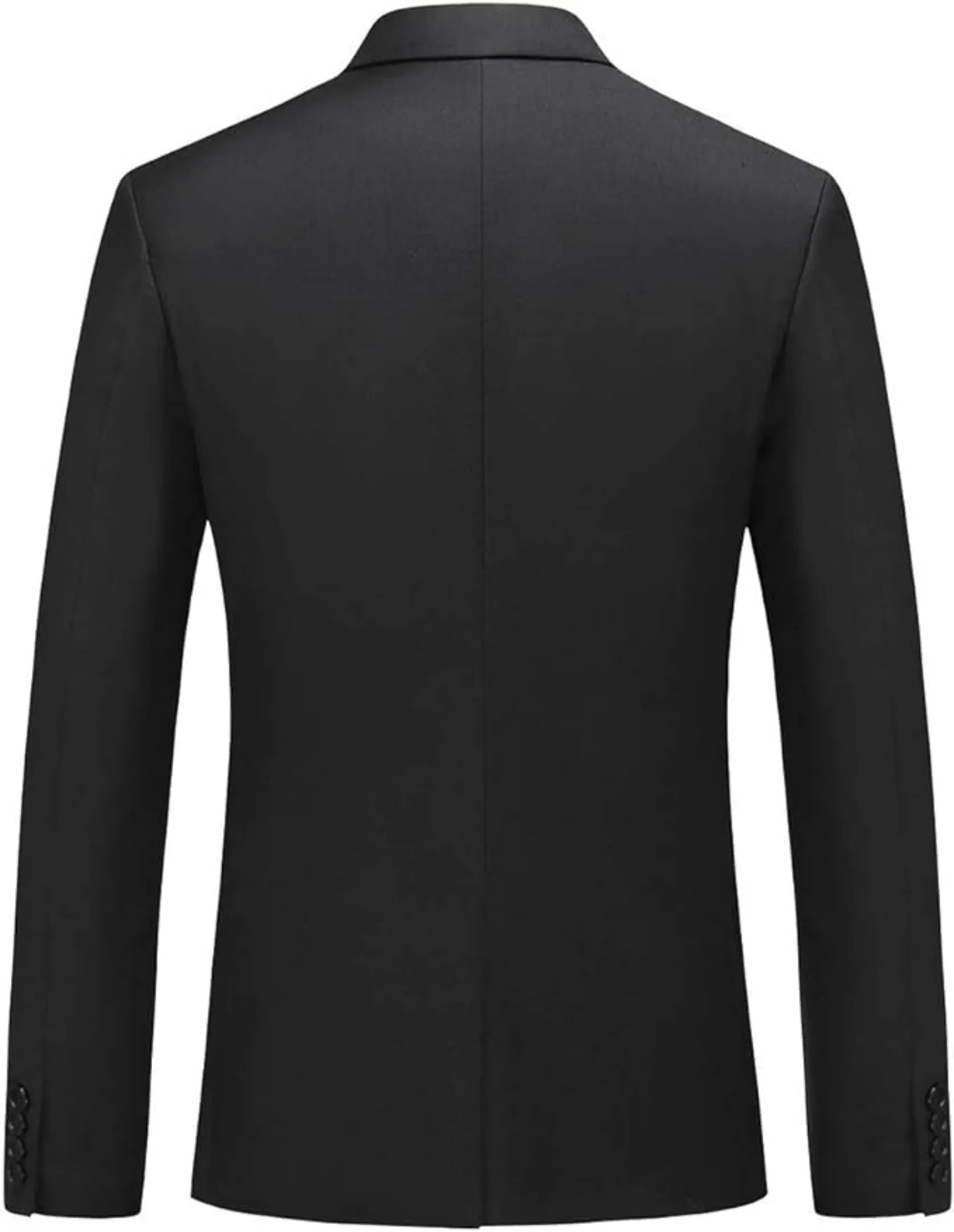 back view of men's black single-breasted one button suit blazer, showcasing the clean lines and classic tailoring.