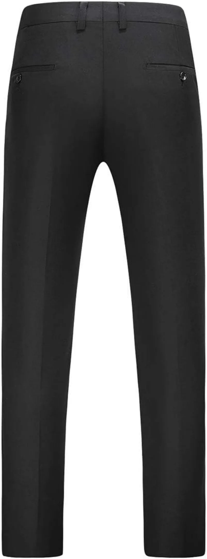back view of men's black single-breasted one button trousers, highlighting the smooth fit and neat design.