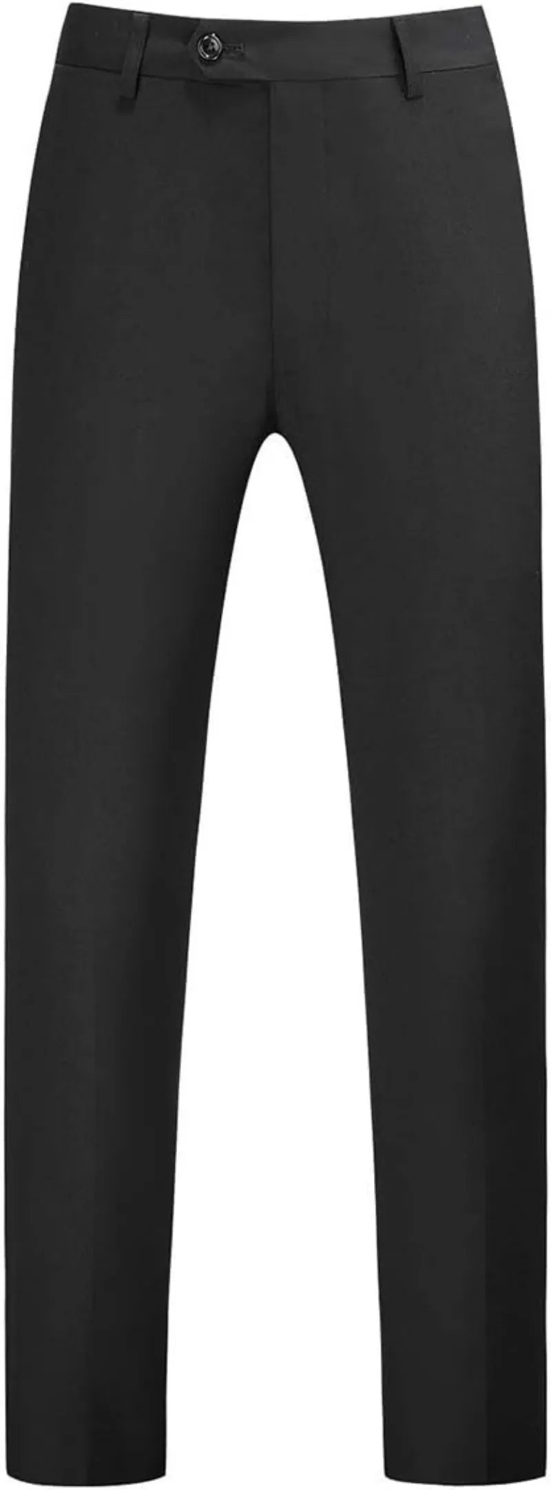 front view of men's black single-breasted one button suit trousers, designed with a slim fit and classic finish.