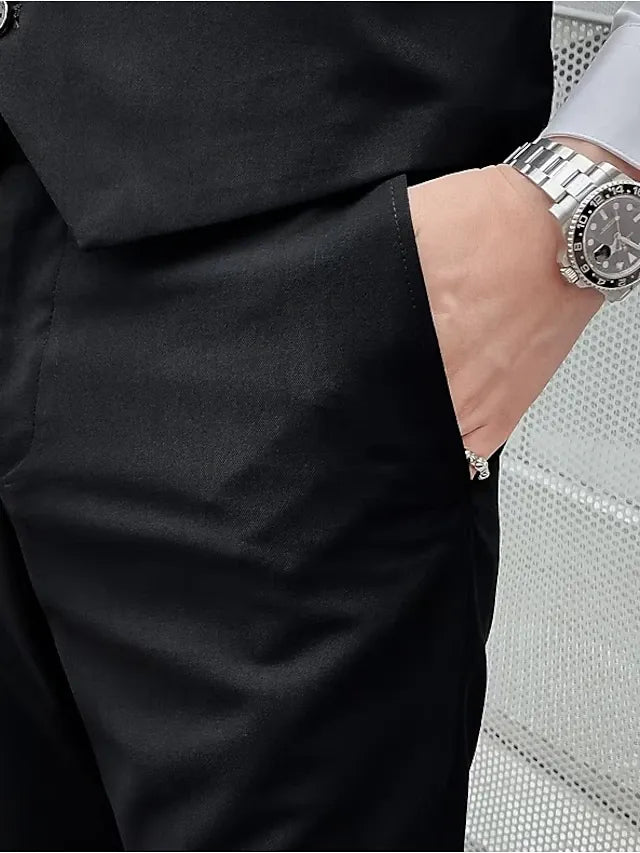 black slim fit 3-piece men's suit - tailored formal casual pants with silver watch detail