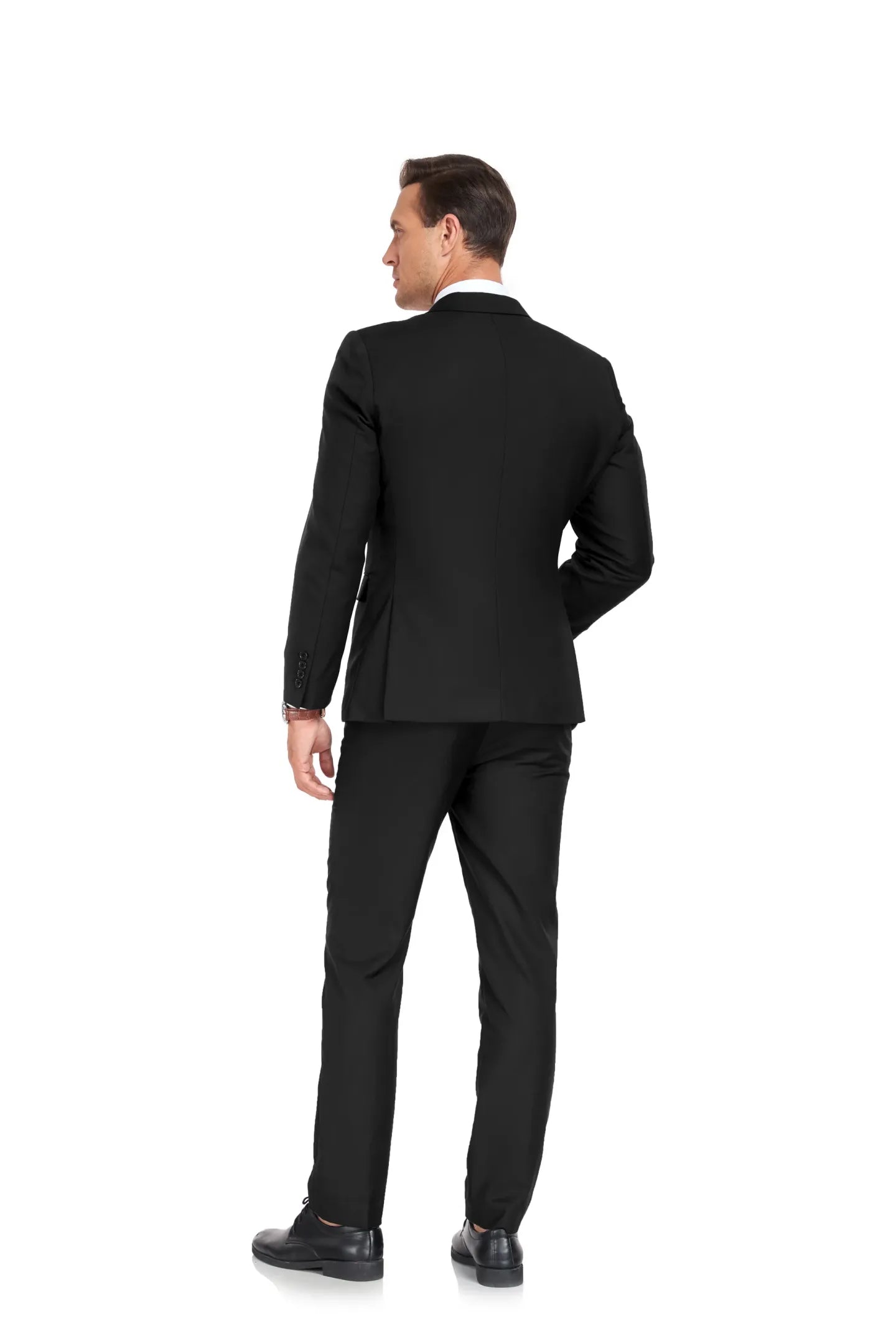 rear view of black slim fit men's suit – tailored jacket and straight-leg trousers, ideal for professional events and business wear.
