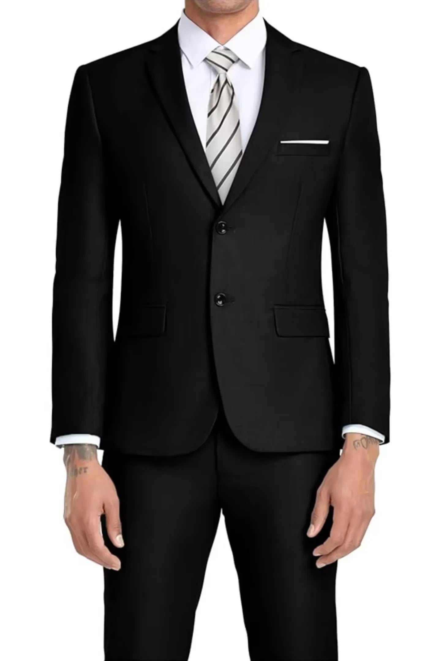 tailored black slim fit two-piece suit for men with striped tie – formal jacket and trousers combination for business or wedding wear.
