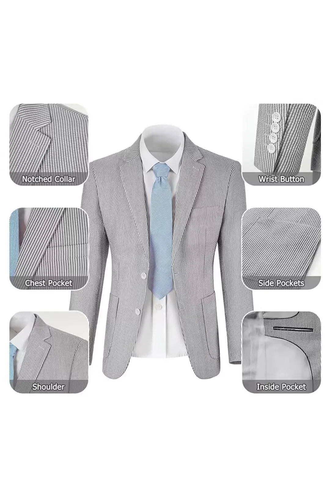 Detail showing seersucker blazer with pockets, lapel, buttons, and breathable texture.