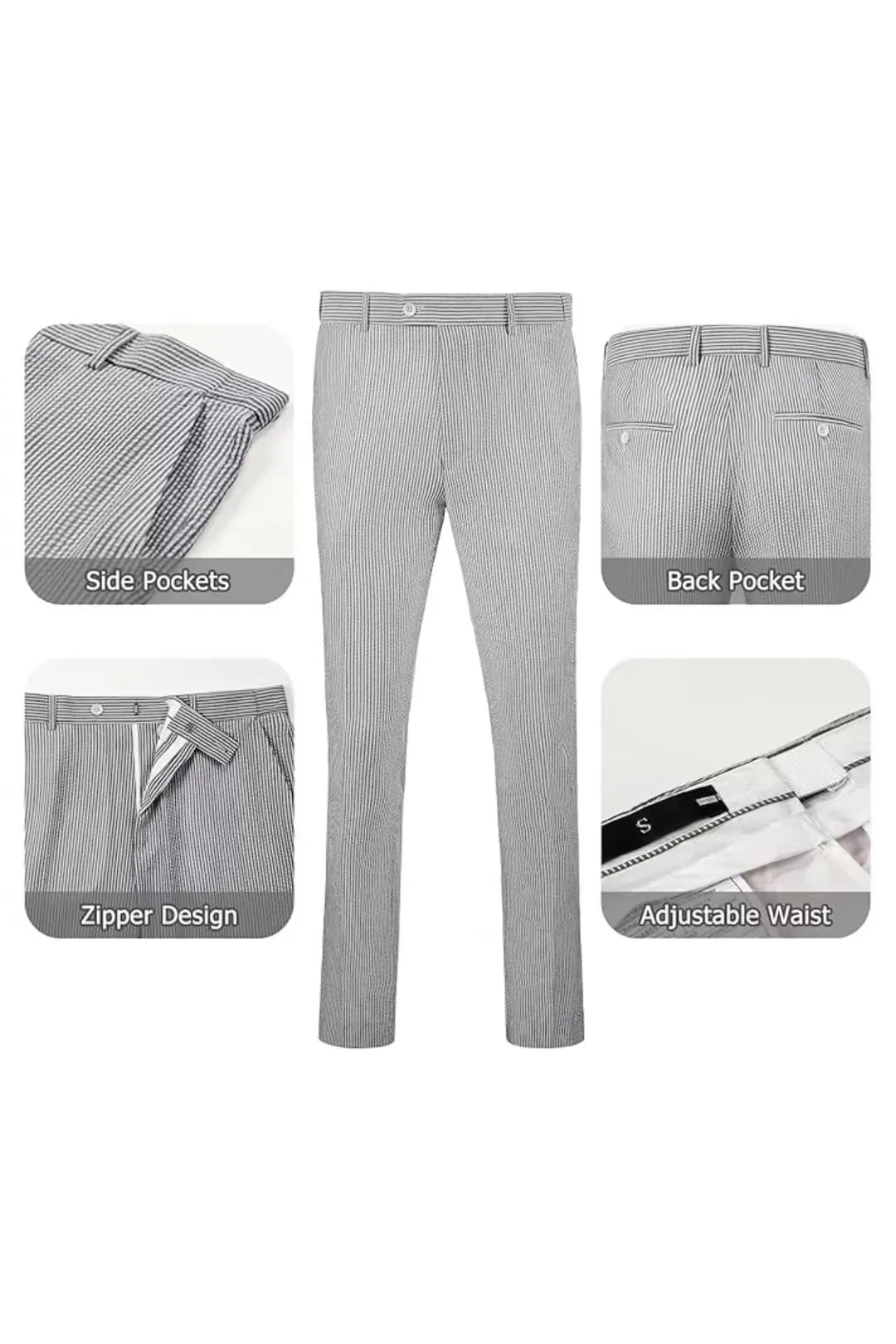 Black-and-white striped seersucker pants with a zipper front, pockets, and an adjustable waist.