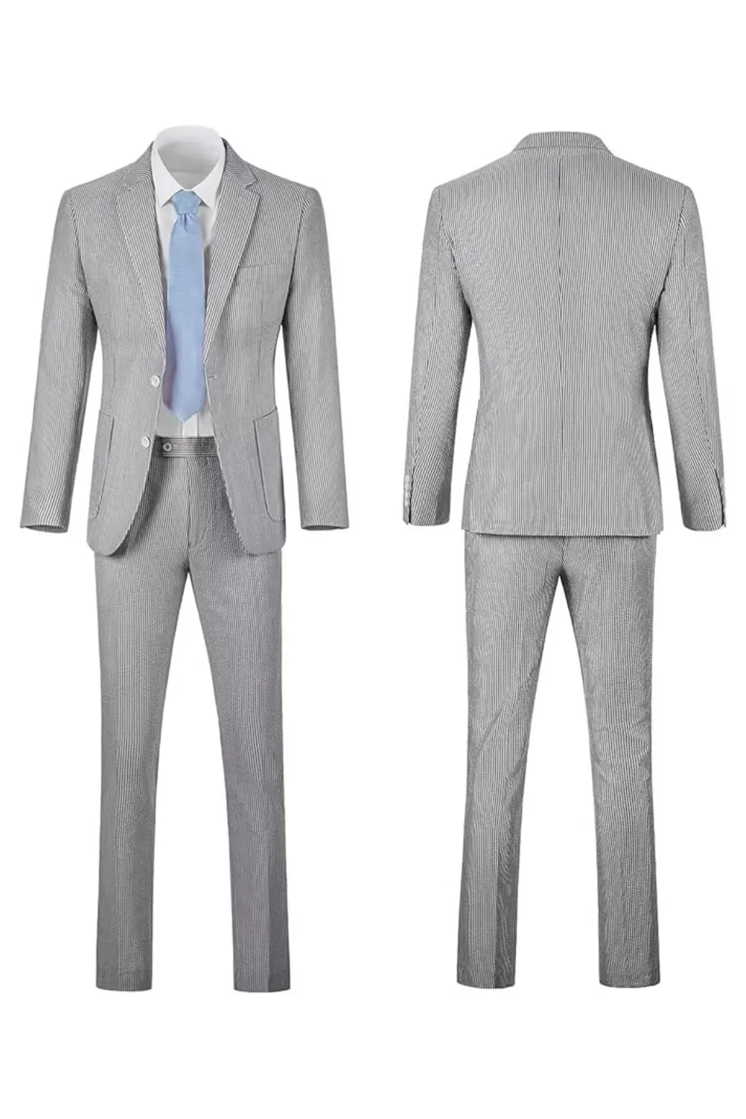 Full front and back view of black-and-white striped seersucker summer blazer and pants set.