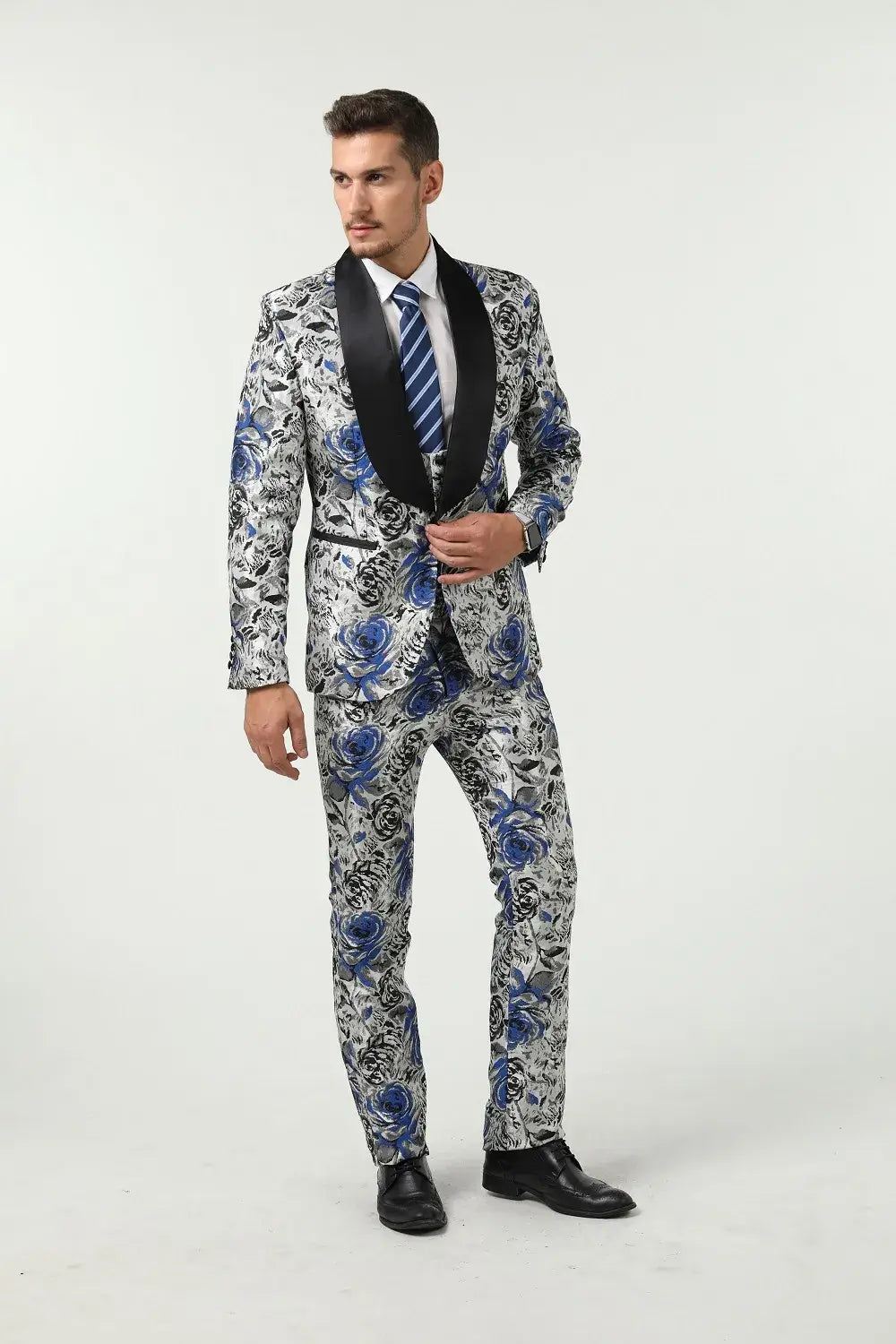 Men's blue floral suit 3 piece with black lapel blazer – elegant formal party outfit