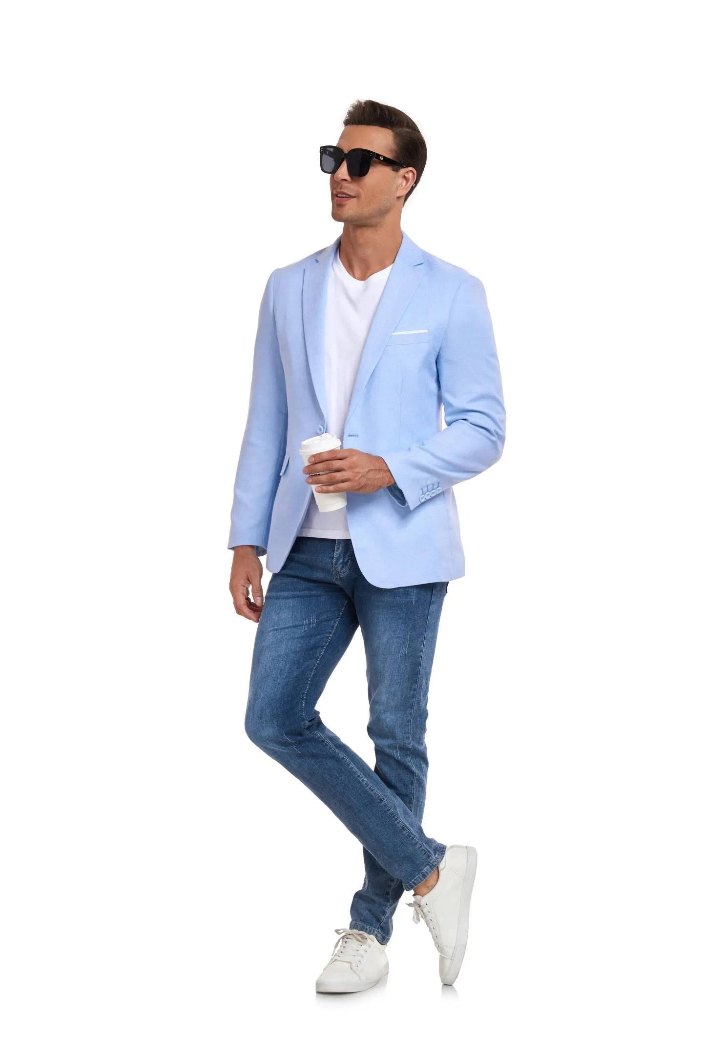 model wearing a light blue two-button blazer with a white shirt and blue jeans, standing confidently – ideal for casual or semi-formal occasions.