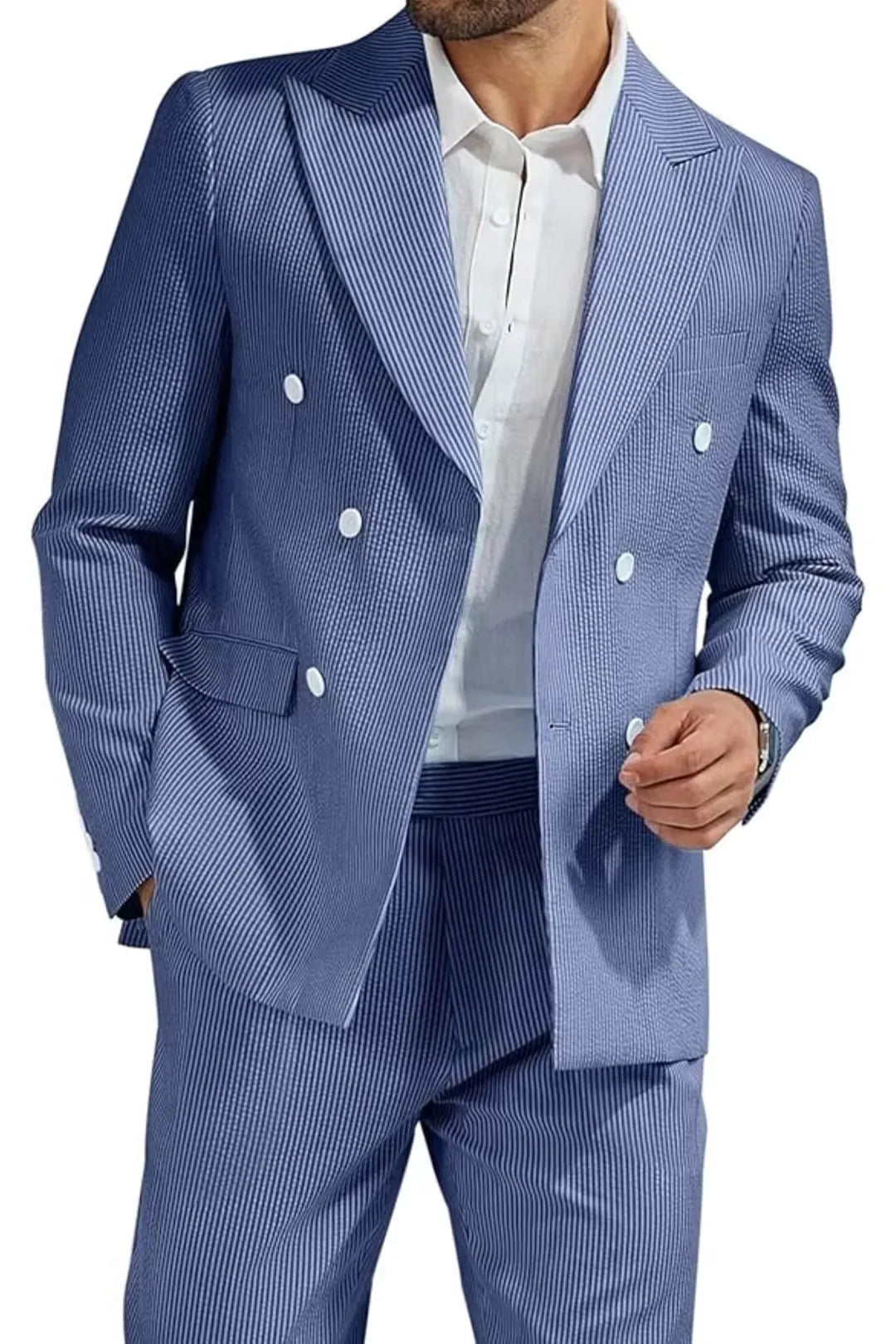 full-body view of a man in a blue double-breasted seersucker suit, paired with a white shirt and sunglasses, striking a stylish pose.