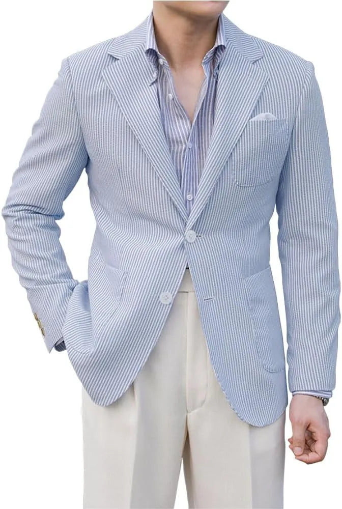 Blue striped seersucker blazer for men – lightweight casual summer jacket front view