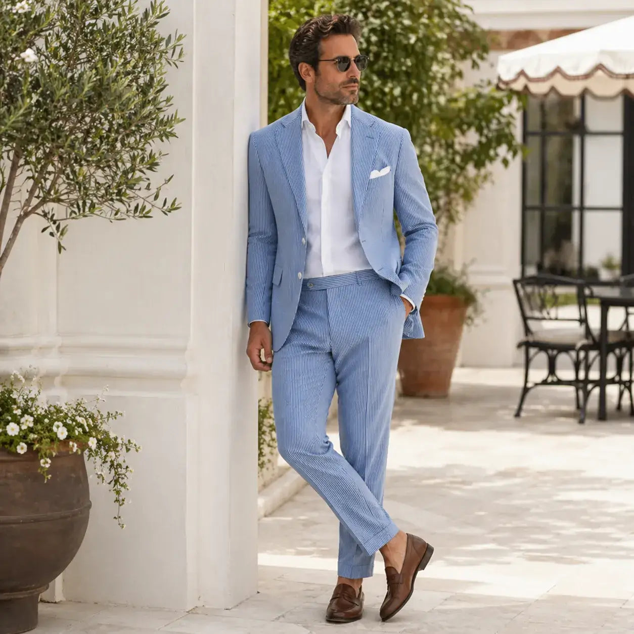 Men's blue seersucker suit styled with a white shirt, brown loafers and pocket square for a summer outfit.