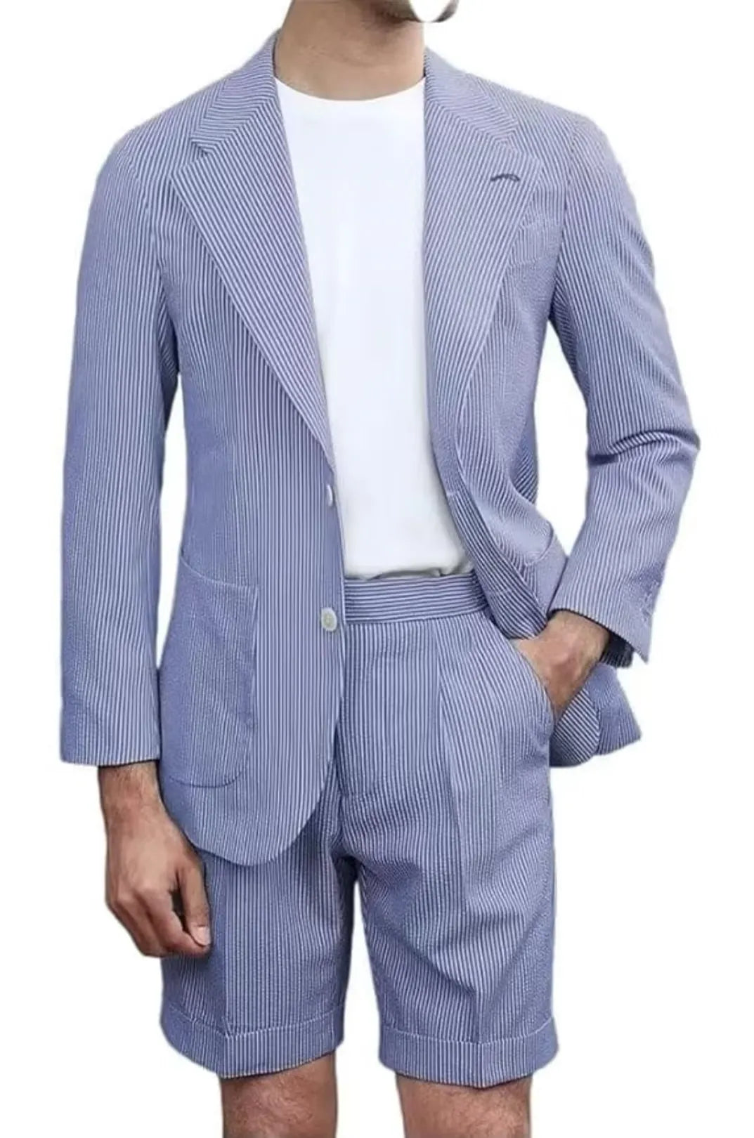 blue men's 2 piece seersucker suit set – breathable summer outfit with striped fabric