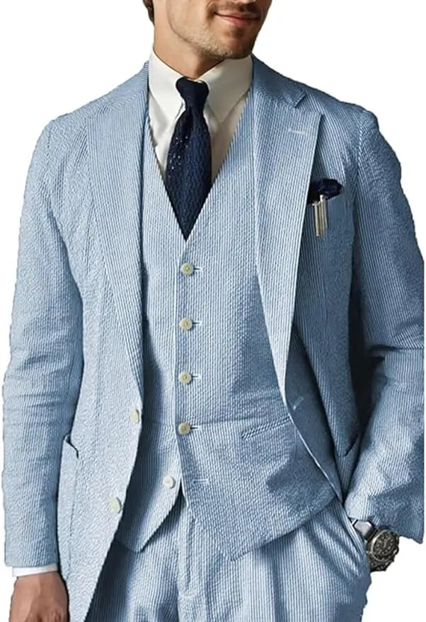 Blue seersucker wedding suit for men – 3 piece summer blazer vest set