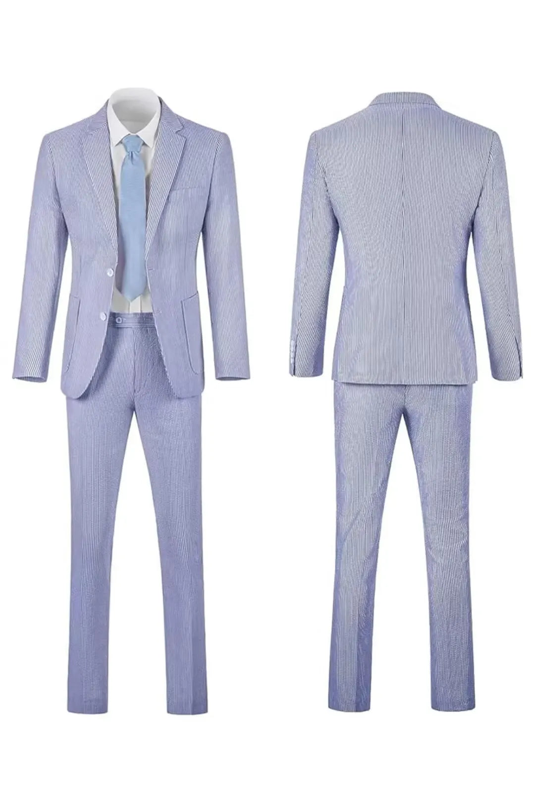 Front and back view of a men's blue-and-white striped seersucker blazer set, perfect for summer.