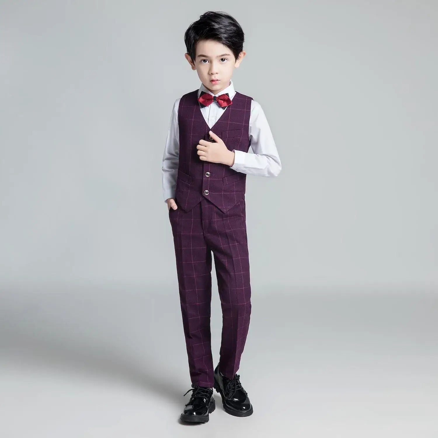 Boys' purple red plaid suit: 5-piece fashion vest & pants with red bow tie