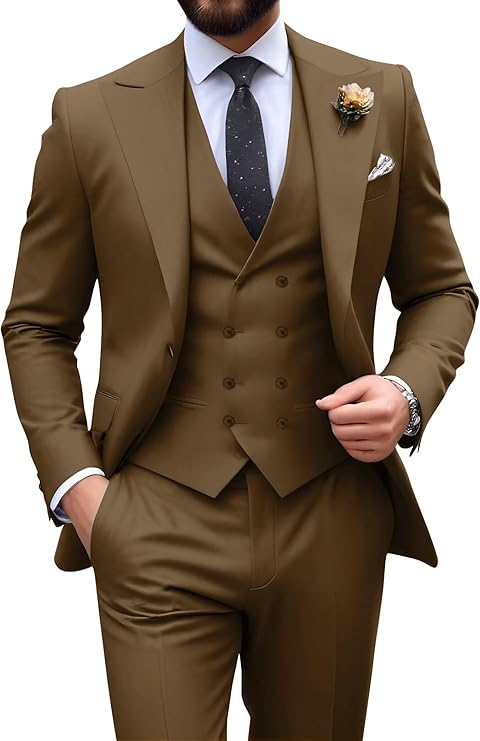 brown slim fit 3 piece groom suit with peak lapel blazer, double breasted vest and pants for modern wedding style
