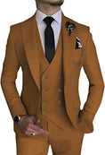 Load image into Gallery viewer, front view of men's brown double-breasted 3 piece suit – slim fit blazer, vest, and trousers styled with black tie and accessories
