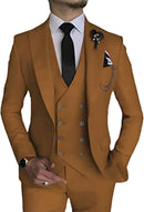 front view of men's brown double-breasted 3 piece suit – slim fit blazer, vest, and trousers styled with black tie and accessories