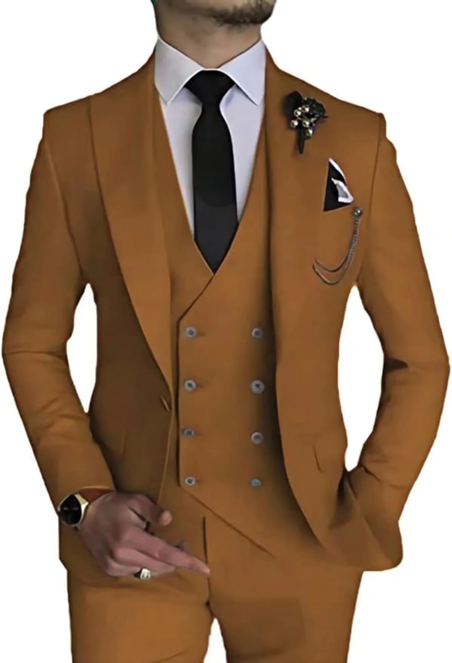 front view of men's brown double-breasted 3 piece suit – slim fit blazer, vest, and trousers styled with black tie and accessories