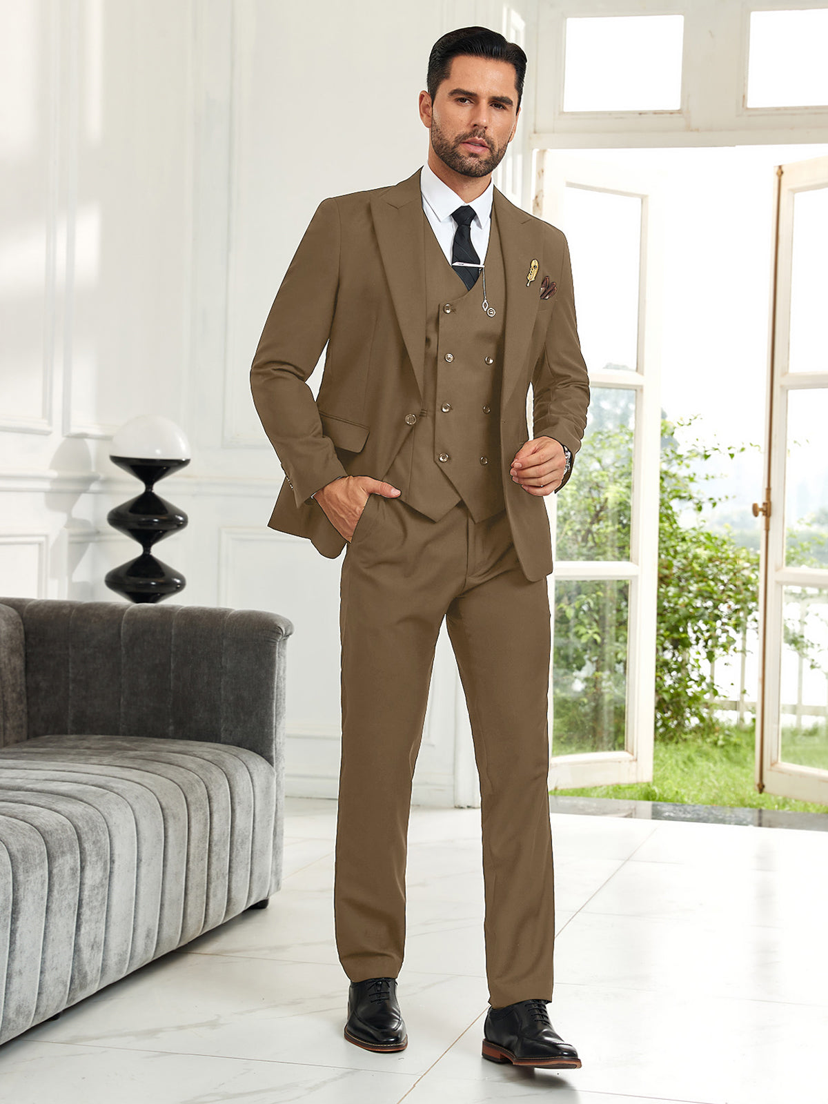 brown 3 piece wedding suit for men – slim fit groom tuxedo for formal events
