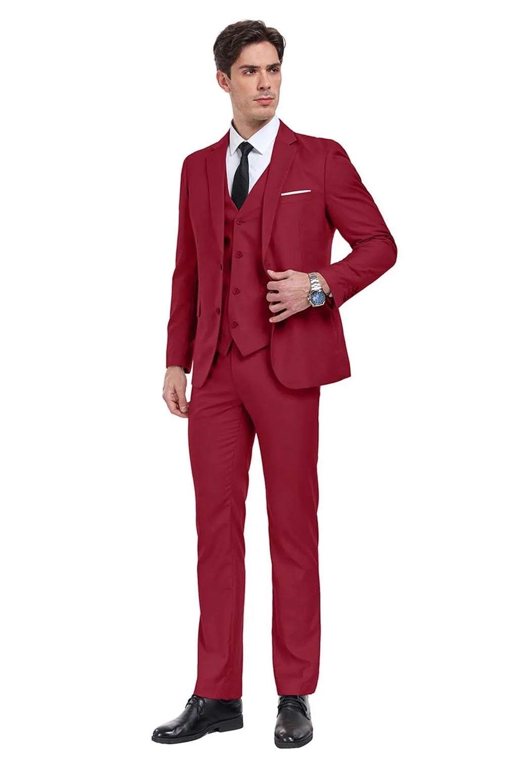 Front angle of burgundy 3 piece men's suit – slim fit blazer, vest, and trousers for weddings