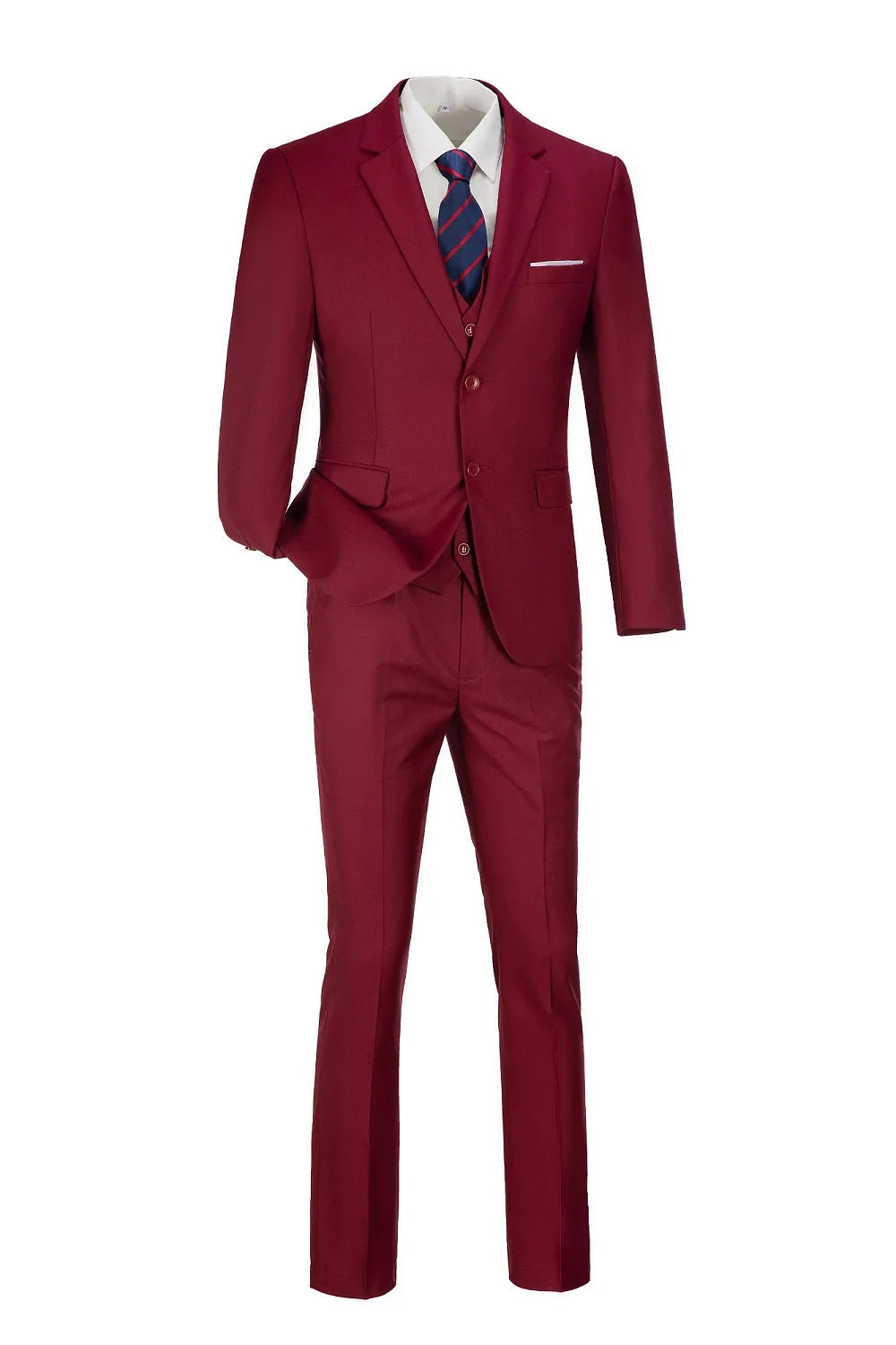 Burgundy slim fit 3 piece men's suit – two button blazer, vest, and trousers on mannequin