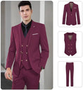 Load image into Gallery viewer, burgundy men's double-breasted 3 piece suit – classic blazer, double-breasted vest, and trousers shown separately
