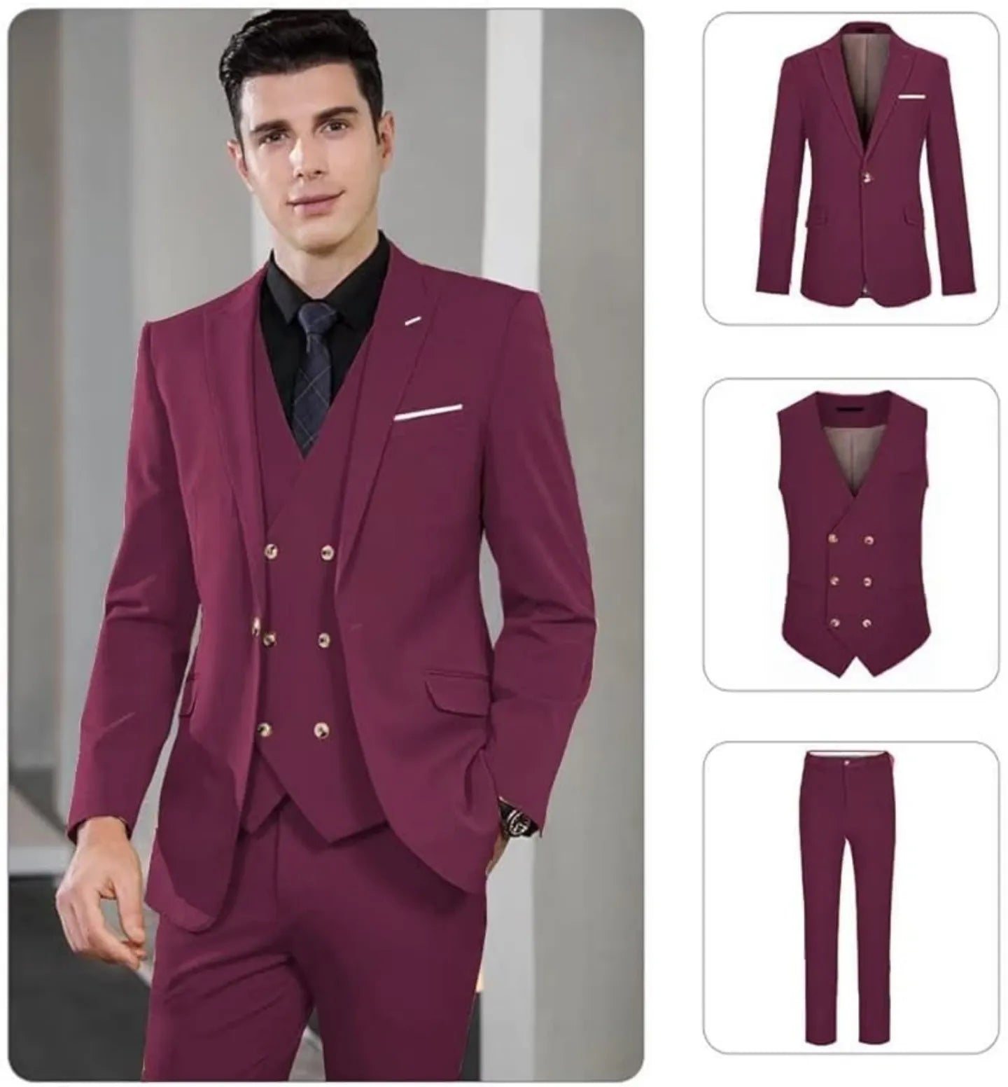 burgundy men's double-breasted 3 piece suit – classic blazer, double-breasted vest, and trousers shown separately