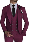Load image into Gallery viewer, ront view of men's burgundy double-breasted one-button 3 piece suit – formal slim fit style with vest and trousers

