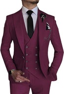 ront view of men's burgundy double-breasted one-button 3 piece suit – formal slim fit style with vest and trousers