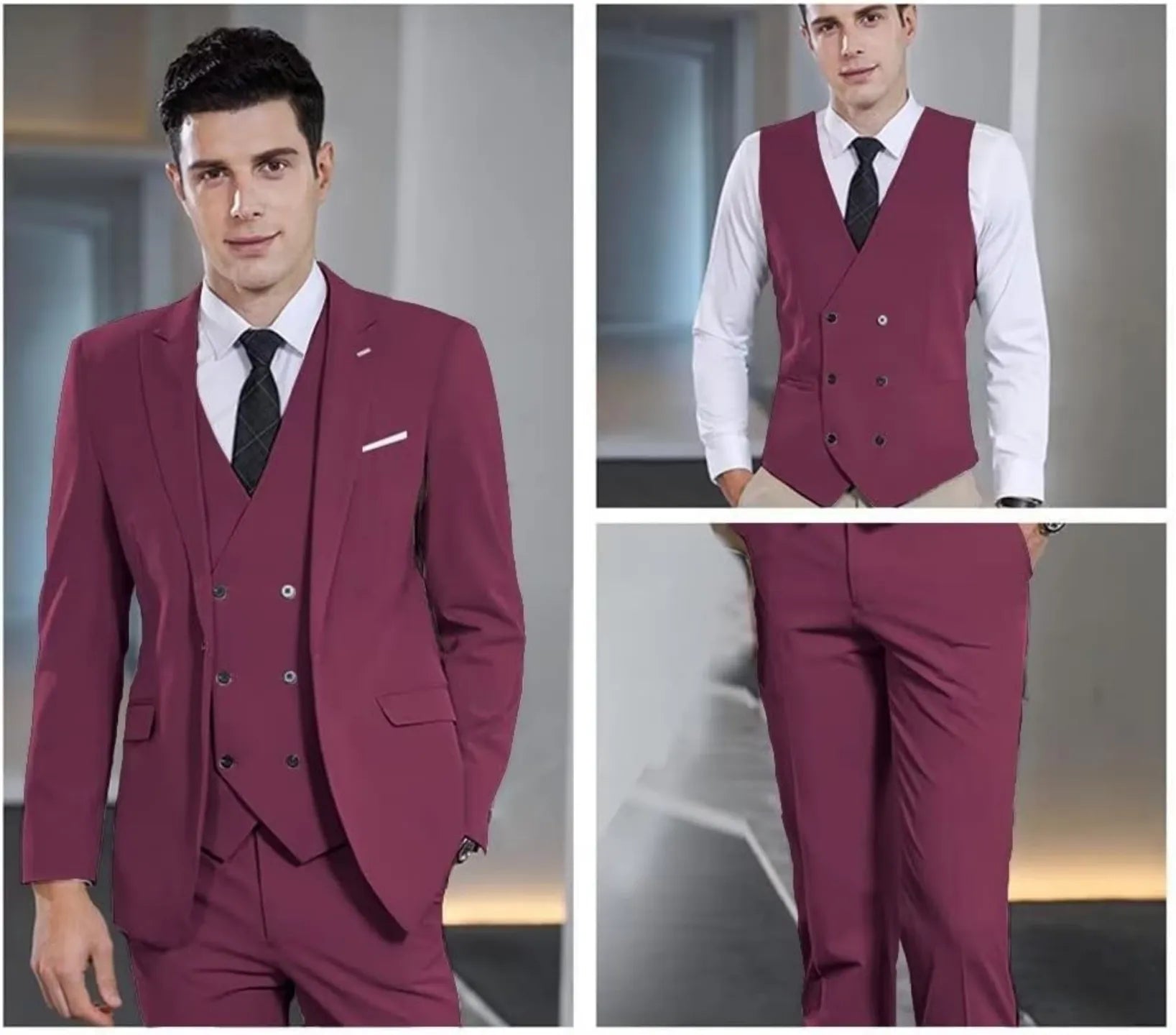 model wearing burgundy double-breasted men's 3 piece suit – includes slim fit blazer, vest, and tailored pants