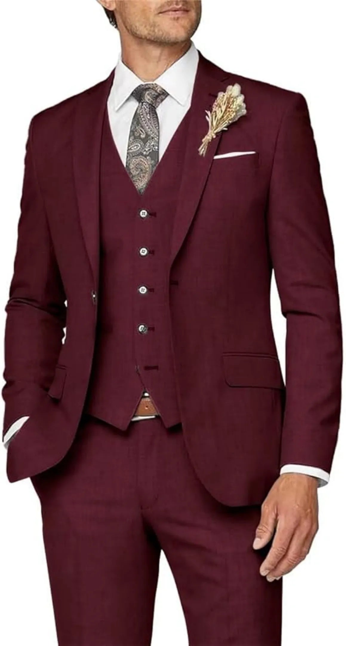 burgundy 3 piece suit for men: formal wedding prom outfit with slim blazer, vest, trousers & lapel flower