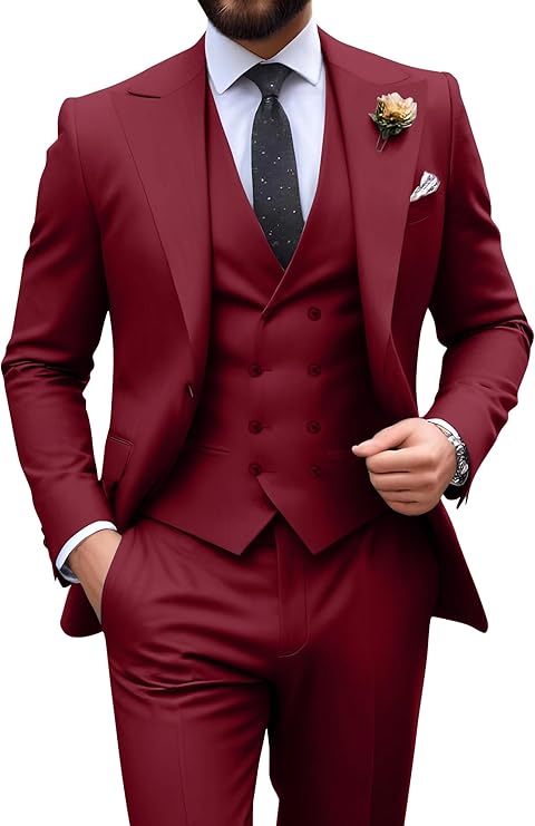 Men’s burgundy tuxedo set with tailored fit blazer, formal vest, and dress pants – ideal for casual weddings or prom