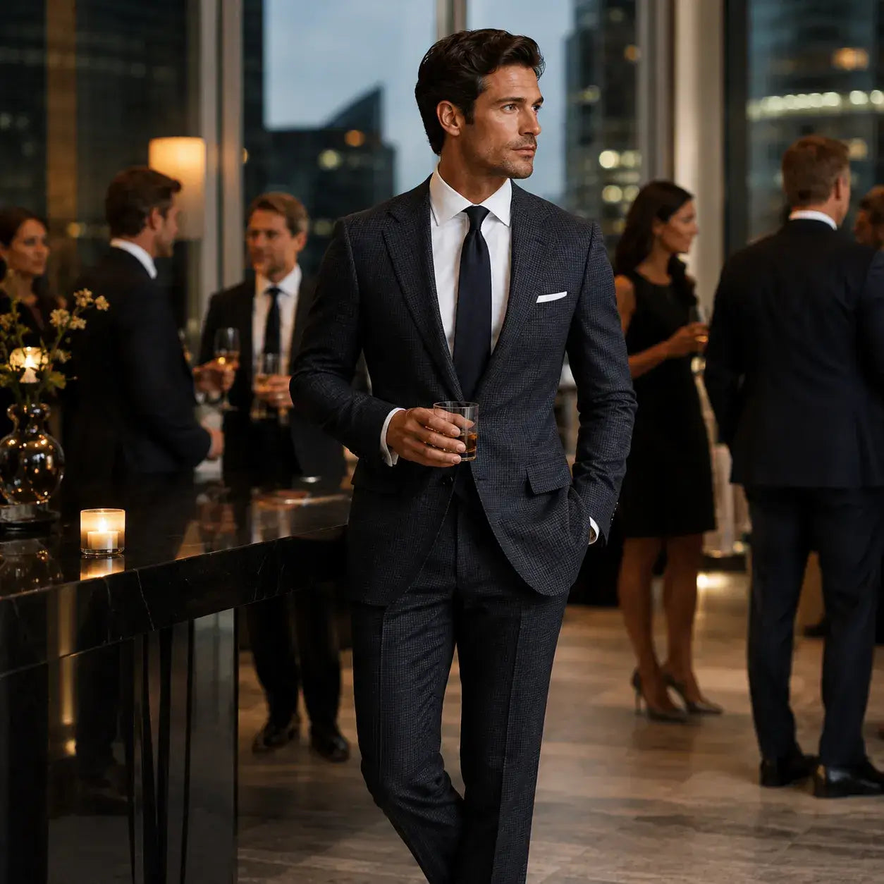Man wearing a grey houndstooth suit with a navy tie in a luxury business lobby.