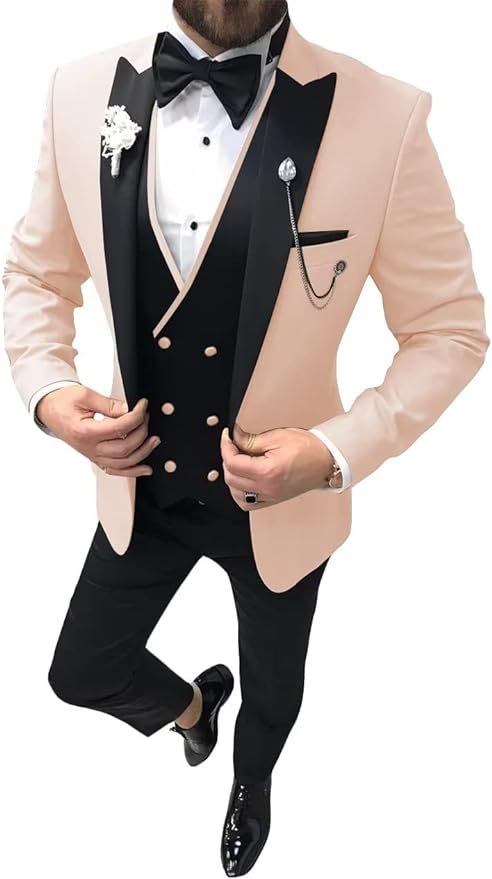 Men's Nude wedding tuxedo 3 piece suit with satin lapel – elegant prom dinner outfit