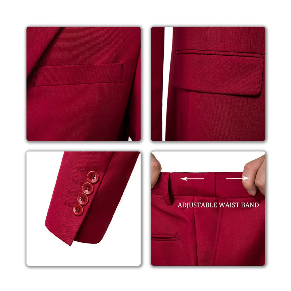 Men's red two button blazer detail collage - flap pockets, four red button cuffs & adjustable waist band
